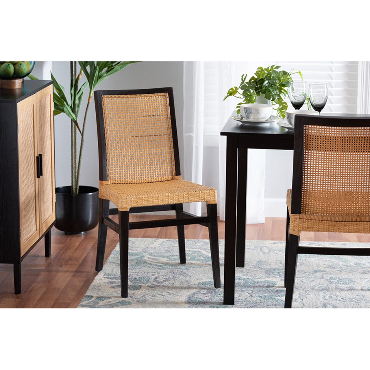 Wholesale Interiors Baxton Studio Lingga Modern Bohemian Dark Brown Mahogany Wood and Natural Rattan Dining Chair